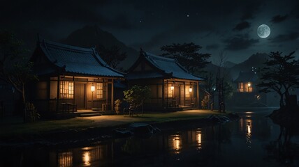 Fototapeta premium Noir Image Dark Mysterious City Village Anime Game Scene