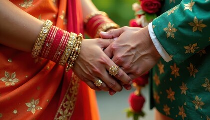 Closeup of intertwined hands with a traditional Indian wedding attire, commitment, wedded