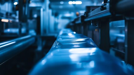 46.A modern plastic bag production line with rotating rollers, lit by a gentle blue light, focusing on the smooth, continuous production of polyethylene bags and the intricate details of the