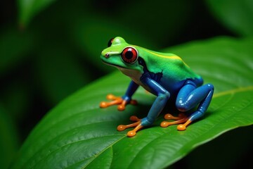 Fototapeta premium Colorful poison dart frog on a green leaf in the rainforest, tropical, nature