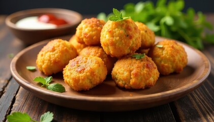 crispy fried cottage cheese balls on a wooden plate, snack, cheese