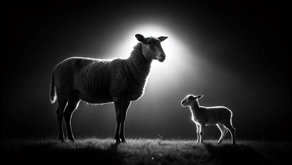 Fototapeta premium Minimalist Black Sheep and Lamb Silhouette, Dark Farm Animals, Night Pasture Scene