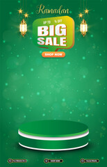 ramadan big sale template banner with 3d podium for product sale with green background design