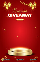 ramadan giveaway template banner with 3d podium for product sale with red background design