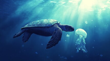 Obraz premium 112.A sea turtle in a deep blue ocean, nibbling on a plastic bag that resembles a jellyfish, surrounded by floating bits of waste and hazy sunlight filtering down, capturing the tragic consequences