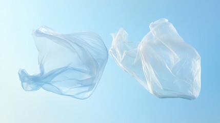 Fototapeta premium 100.A serene scene of two plastic bags captured in mid-flight, their translucent material rippling as they soar in front of a soft blue sky, creating an ethereal and minimalist image.