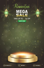ramadan mega sale template banner with 3d podium for product sale with green background design 01