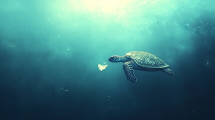 Fototapeta premium 70.A solitary turtle in the depths of the ocean, about to consume a small floating plastic bag, with a hazy blue background and particles in the water emphasizing the pollution problem threatening