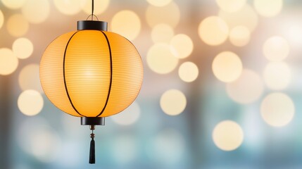 Obraz premium A beautiful orange paper lantern illuminated with warm light, creating a cozy ambiance against a blurred background of soft bokeh lights, perfect for festive occasions and decor.
