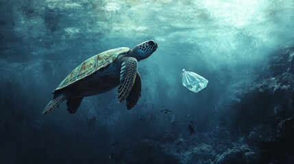 Obraz premium 70.A solitary turtle in the depths of the ocean, about to consume a small floating plastic bag, with a hazy blue background and particles in the water emphasizing the pollution problem threatening