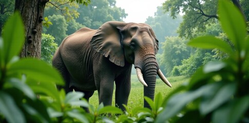 Fototapeta premium Large grey elephant standing alone in dense foliage, jungle, tree