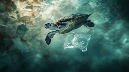Fototapeta premium 113.A close-up of a turtle swimming directly toward a plastic bag in murky waters, the bag partially open as if about to be ingested, with blurred particles and dim lighting creating an ominous