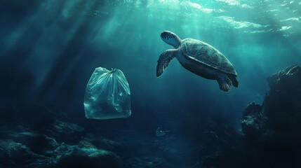 114.An underwater scene with a turtle slowly approaching a transparent plastic bag that floats in the water, mistaking it for prey, with the blue ocean fading into darkness and a few sunbeams