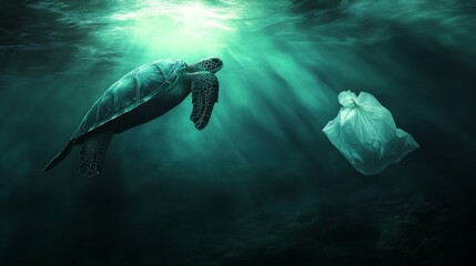 72.An underwater view of a turtle swimming towards a white plastic bag caught in the current, mistaking it for food, with sunlight illuminating the scene and a faint shadow of the turtle on the ocean