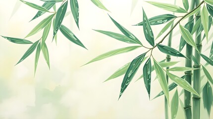 Fototapeta premium bamboo leaves painted with textured brush strokes, calming green background, large space for copy