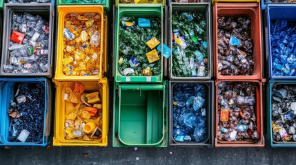 39.A high-angle view of a recycling center with rows of categorized plastic waste bins in vibrant colors, each labeled for different types of plastics, illustrating an organized and efficient