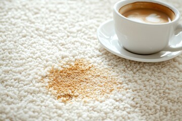 Coffee stain on light carpet; close-up view. Illustrates accidental spills and cleaning needs.