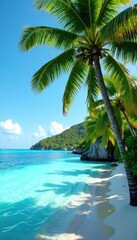 Fototapeta premium Palm trees sway gently in the breeze amidst a tranquil turquoise lagoon, relaxation, calm