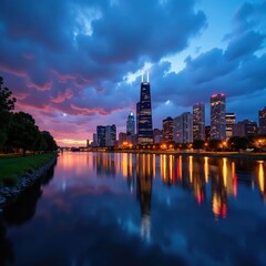 Fototapeta premium Reflections of the Chicago skyline in a lake or river at dusk , USA, architecture
