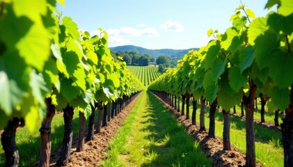 Naklejka premium Rows of grapevines in champagne vineyard at Dizy, sunny day, champagne grapes