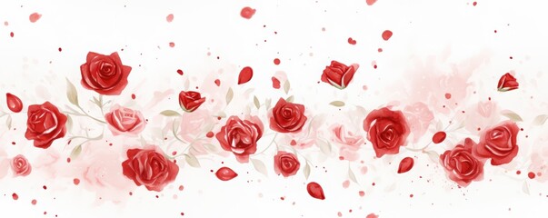Fototapeta premium Collection of Red and White Roses background, Watercolor, Seamless Pattern with floral decoration for celebration and romance, Valentine's theme