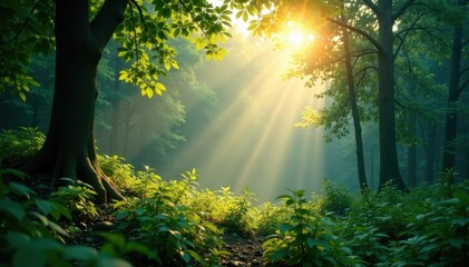 Soothing forest landscape with misty sunlight filtering through leaves, tranquility, sunlight
