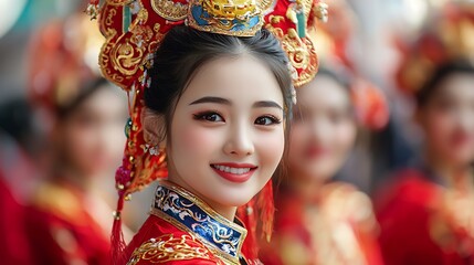 Fototapeta premium Colorful and Energetic Traditional Chinese Lion Dance Performers Wearing Ornate and Vibrant Costumes During a Cultural Festival or Event