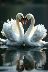 Obraz premium Swans entwined, forming love heart with wings, birds in love, bird couples