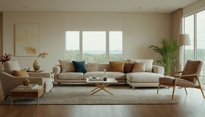 Modern Scandinavian home interior design characterized by an elegant living room featuring a comfortable sofa, mid century furniture, cozy carpet, wooden floor, white walls, and home plants. 13