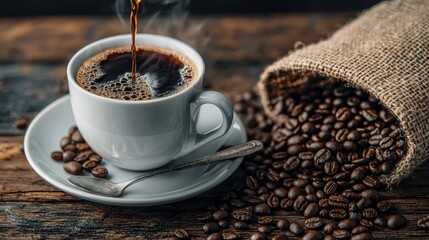 Freshly Brewed Coffee Poured into Cup with Rustic Beans Display