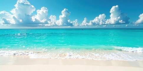 Obraz premium Turquoise ocean waters meet white sandy beach , green, coral reef