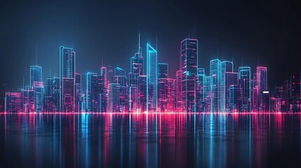 Fototapeta premium Neon Cityscape Skyline Reflecting in Water