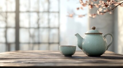 A serene scene featuring a delicate teapot and cup on a wooden table, with soft lighting and cherry blossoms in the background.