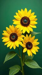 Obraz premium Vibrant sunflowers with bright yellow petals and dark centers against a subtle green background featuring intertwined leaves, sunflowers, garden elements
