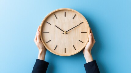 Minimalist Wooden Clock Held by Hands Against Blue Background