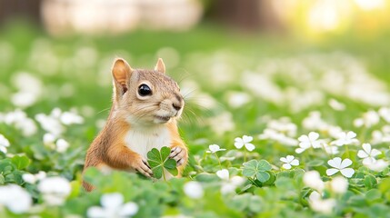 A charming squirrel sitting in a lush green field of clover and white flowers, holding a clover leaf. The vibrant colors and serene atmosphere create a delightful nature scene.