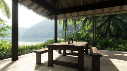 Serene outdoor dining area surrounded by lush nature.