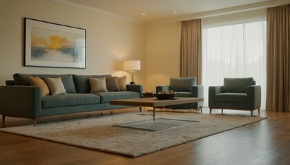 Modern Scandinavian home interior design characterized by an elegant living room featuring a comfortable sofa, mid century furniture, cozy carpet, wooden floor, white walls, and home plants. 1