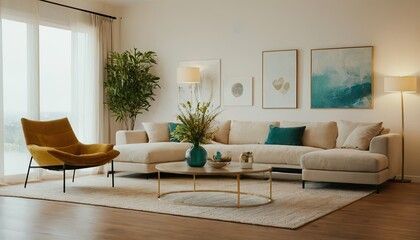 Beautiful and large living room interior with hardwood floors, fluffy rug and designer furniture. 