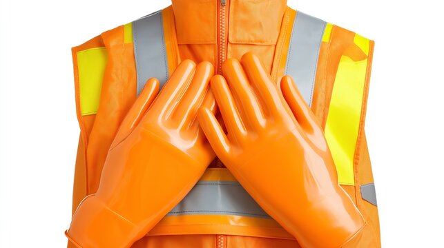 A close-up image of a person wearing an orange safety jacket and gloves, emphasizing the importance of safety gear in industrial environments.