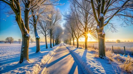 Minimalist Winter Footpath: Snow Covered Path Leading Through Trees