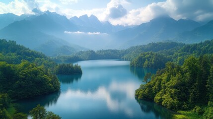 Fototapeta premium Serene mountain landscape with a tranquil lake surrounded by lush greenery.