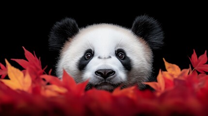 Fototapeta premium A close-up of an adorable panda surrounded by vibrant autumn leaves, showcasing its playful expression against a striking black background.