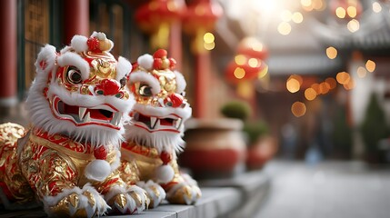 Energetic Chinese Lion Dancers Leaping in Perfect Synchronization Wearing Vibrant Red and Gold Costumes and Accessories as Part of a Lively Cultural or Festival