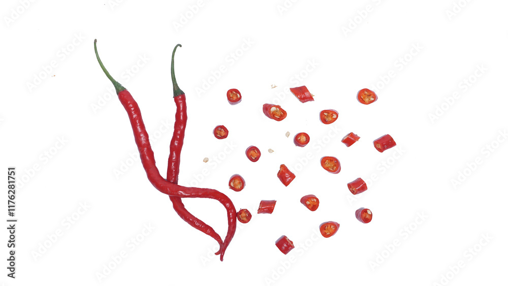 Wall mural Sliced red chili peppers isolated on transparent background