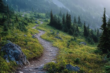 Obraz premium Winding mountain trail through lush green meadow, surrounded by evergreen trees. Perfect for travel, adventure, and nature themes; evokes serenity and exploration.