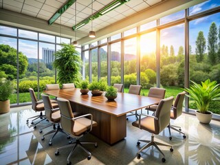 Fototapeta premium Modern Office Conference Room with Green View and Plants