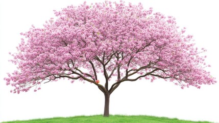 Obraz premium A vibrant pink flowering tree on a grassy hill.