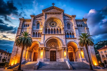 Fototapeta premium Monaco Cathedral Night Photography: Majestic Low-Light Architecture