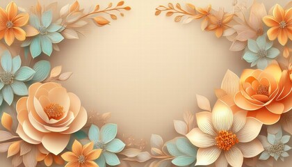 Obraz premium A delicate arrangement of peach and teal paper flowers creates a beautiful border